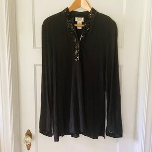 Vintage Talbots Black Sequins Long Sleeve Knit Top Blouse Sz L Rayon Spandex